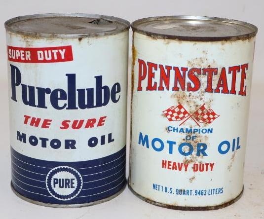 Group of 2 Purelube and Penn State Metal One Quart Oil Cans: Empty. 4" x 4" x 5.5" each