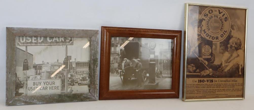 Group of 3 Standard Oil Socony & Used Cars Framed Pictures: Largest is 20" x 15.5" x 1"