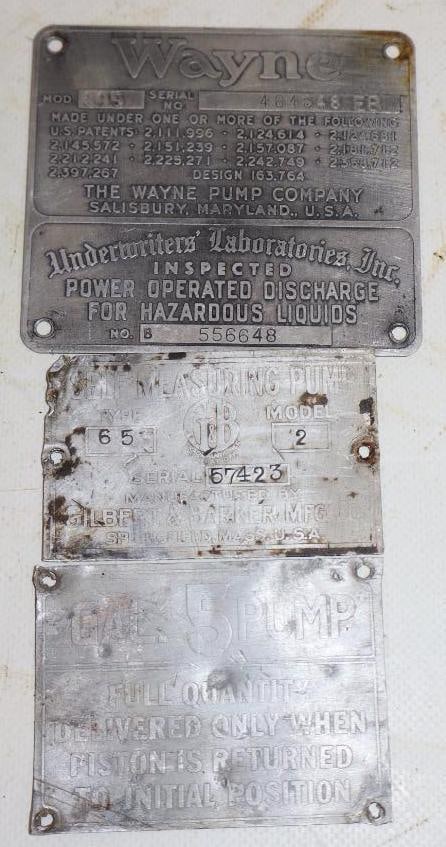 Group Of 3 Wayne, G&B And 5 Gal Pump Gas Pump Serial Number Tags (1 of 2)