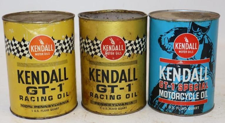 Group of 3 Kendall GT-1 Motorcycle Racing Composite One Quart Oil Cans: Empty. 4" x 4" x 5.5" each