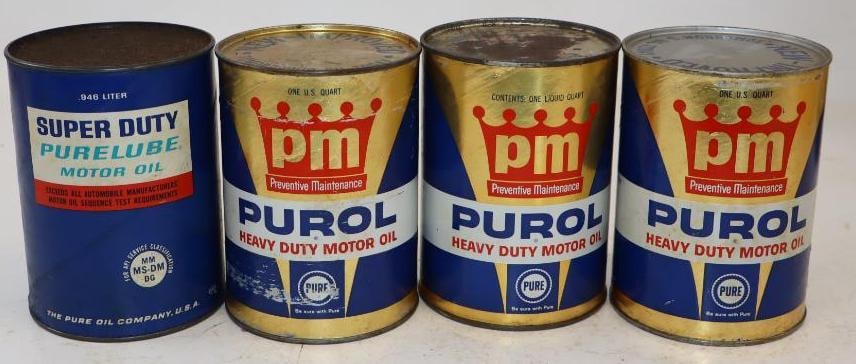 Group of 4 Pure Composite One Quart Oil Cans: Empty. 4" x 4" x 5.5" each