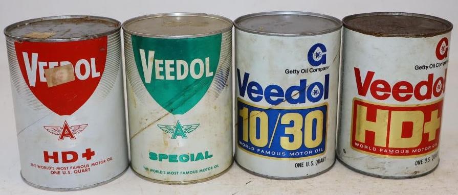 Group of 4 Veedol Composite One Quart Oil Cans: Empty. 4" x 4" x 5.5" each