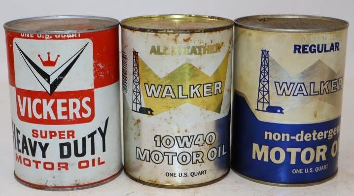 Group of 3 Walker and Vickers Composite One Quart Oil Cans: Empty. 4" x 4" x 5.5" each