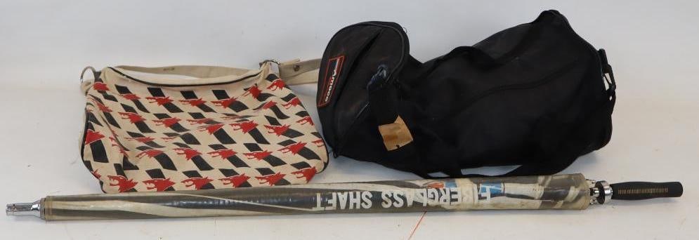Group of 3 Amoco Racing & Wolfshead Duffle Bags & Umbrella: Largest is 38" x 2.5" x 2.5"