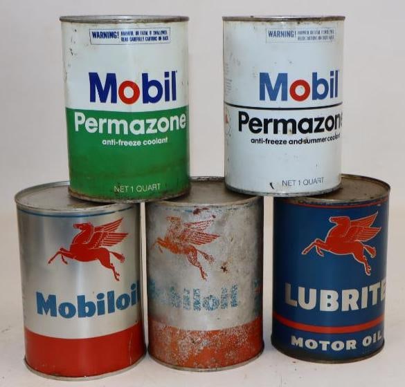 Group of 5 Different Mobil Metal One Quart Oil Cans: Empty. 4" x 4" x 5.5" each