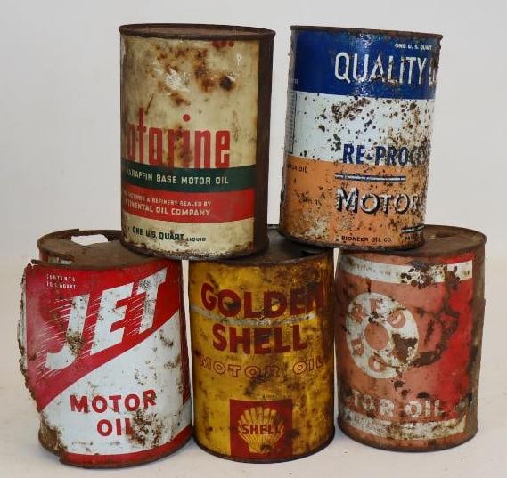 Group of 5 Different Dumper Metal One Quart Oil Cans: Empty. 4" x 4" x 5.5" each
