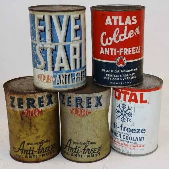 Group of 5 Different ATF Metal One Quart Oil Cans: Empty. 4" x 4" x 5.5" each
