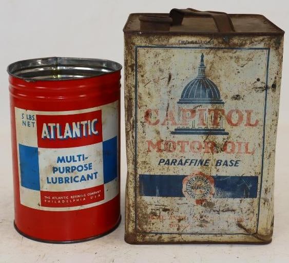 Group of 2 Atlantic Capitol Two Gallon and Five Pound Oil and Grease Cans: Both are missing top lid. Largest is 7" x 7" x 10"