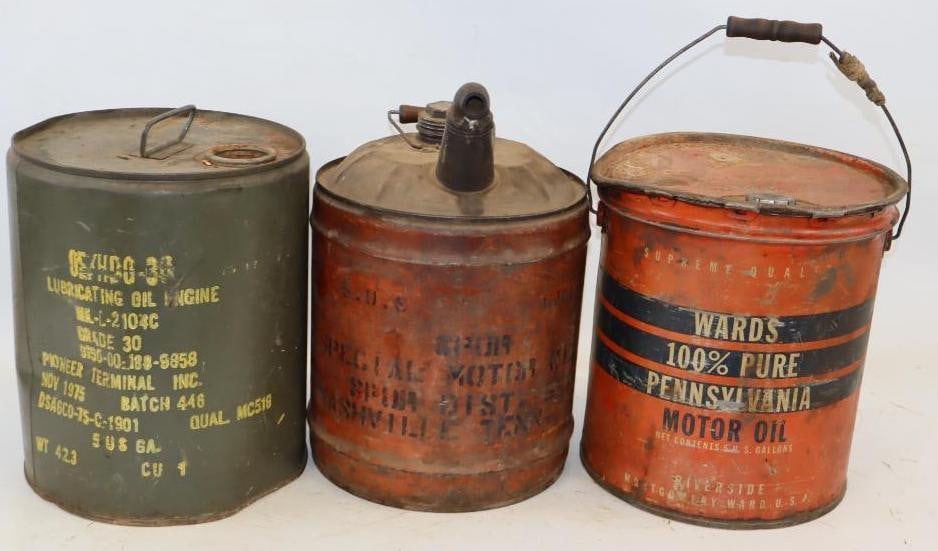 Group of 3 Ward's, Military, and Spur Five Gallon Oil Cans (1 of 2)