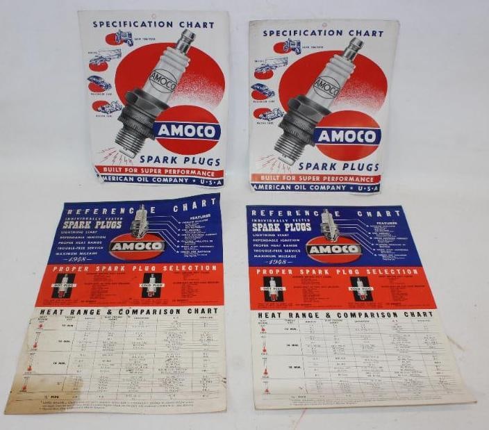 Group of 4 Amoco Spark Plug Specification Charts: Largest is 11" x 17"