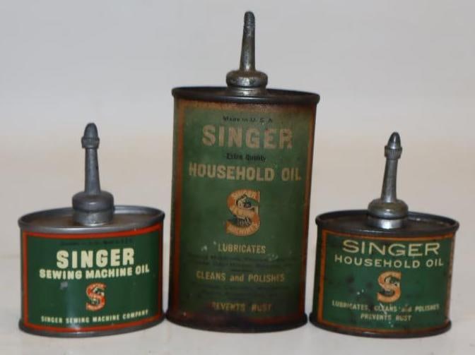 Group of 3 Singer Sewing Machine Leadtop Oiler Cans: Largest is 3 oz