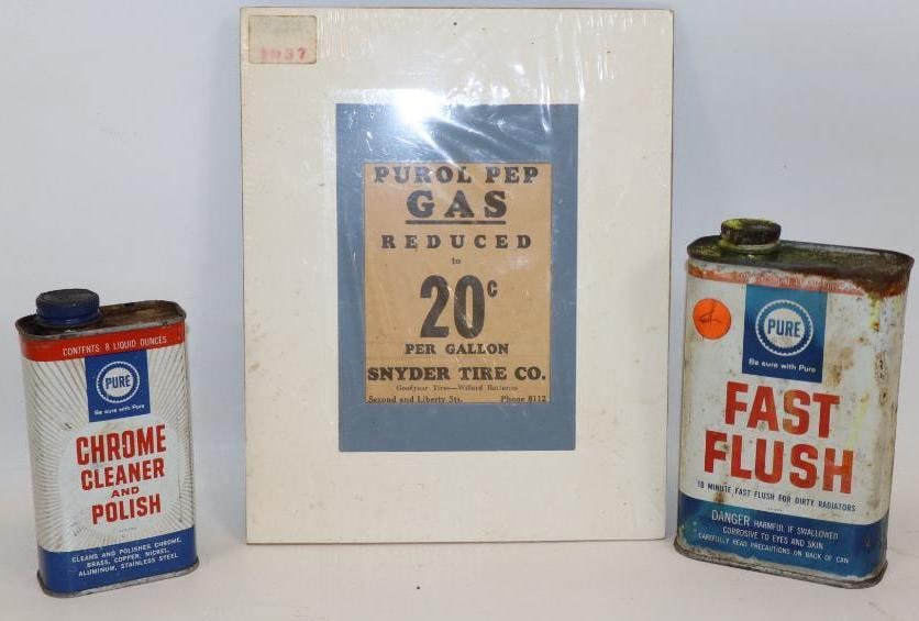 Group of 3 Pure Fast Flush & Chrome Cleaner Cans and Framed Gas Advertisement (1 of 4)