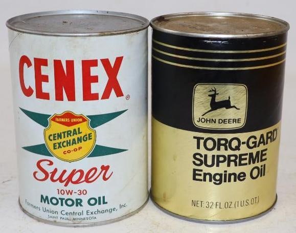 Group of 2 John Deere and Farmers Union Composite One Quart Oil Cans: Empty. 4" x 4" x 5.5" each