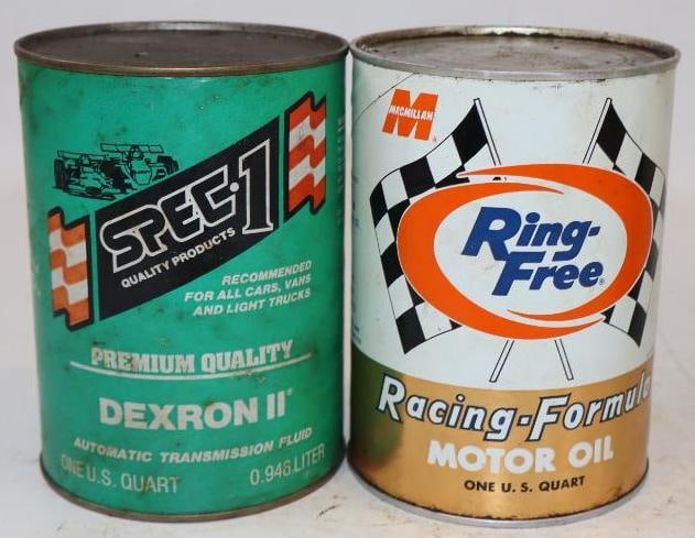Group of 2 Spec-1 and Mac Millan Racing Composite One Quart Oil Cans: Empty. 4" x 4" x 5.5" each