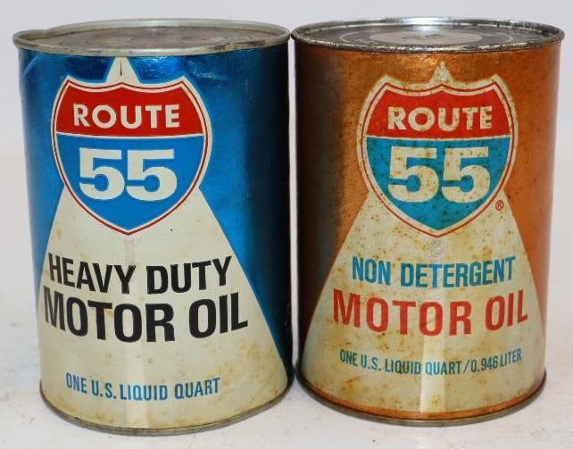 Group of 2 Route 55 HD and ND Composite One Quart Oil Cans: Empty. 4" x 4" x 5.5" each