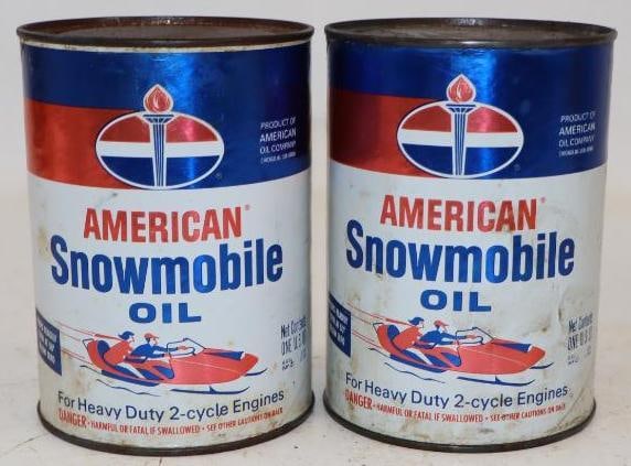 Group of 2 American Snow Mobile Composite One Quart Oil Cans: Empty. 4" x 4" x 5.5" each