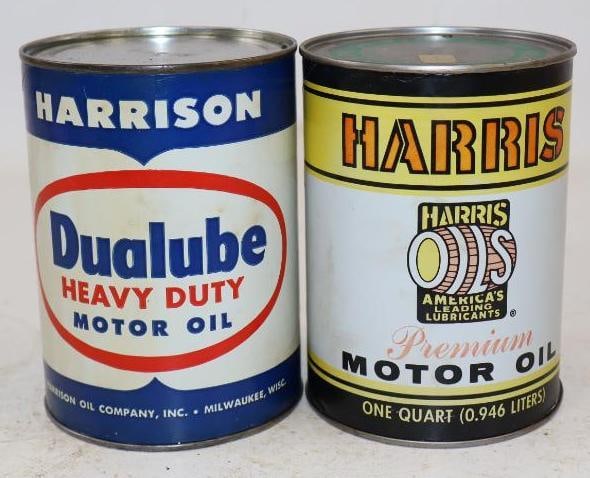 Group of 2 Harris and Harrison Composite One Quart Oil Cans: Empty. 4" x 4" x 5.5" each