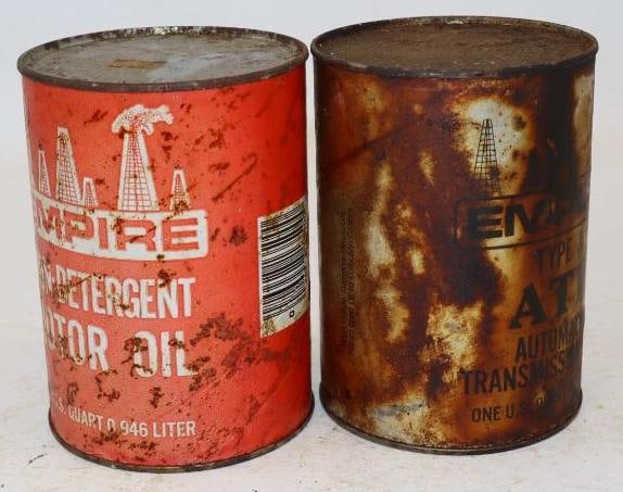 Group of 2 Different Empire Composite One Quart Oil Cans: Empty. 4" x 4" x 5.5" each