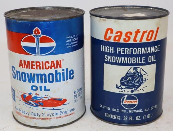 Group of 2 American and Castrol Snow Mobile Composite One Quart Oil Cans: Empty. 4" x 4" x 5.5" each
