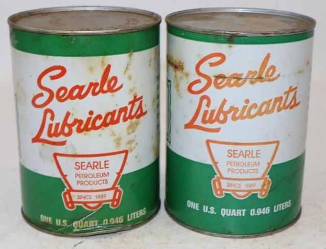 Group of 2 Searle Composite One Quart Oil Cans: Empty. 4" x 4" x 5.5" each