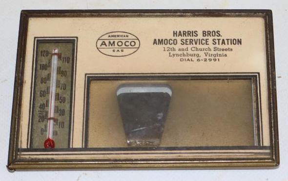 Harris Bros Amoco Service Station Framed Thermometer Advertisement: 4.75" x 3"