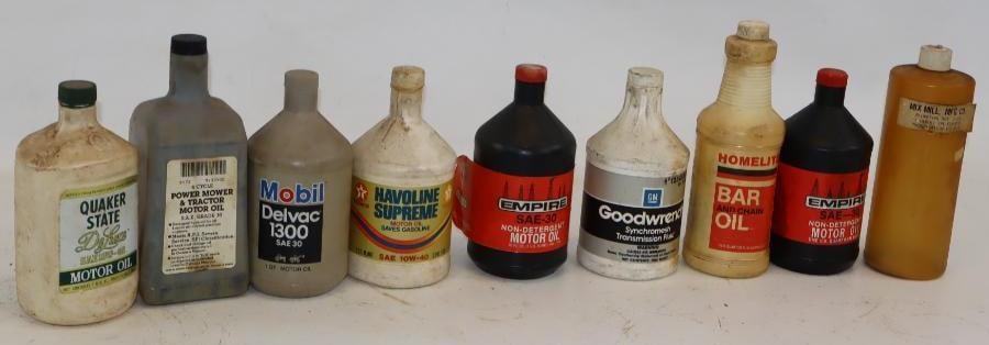 Group of 9 Early Round Plastic Oil Cans: Empty. 32oz each