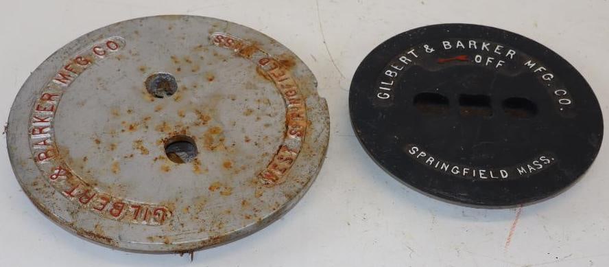 Group of 2 Gilbert & Barker Gas Fuel Tank Lids: Largest is 10.5" x 10.5" x 1.5"