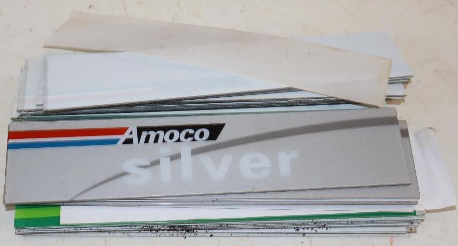 Group of 40 Amoco Silver & Regular Plastic Gas Pump Signs: 2.5" x 11.5" each
