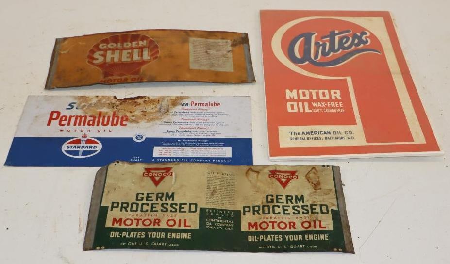 Group of 4 Flattened Quart Oil Cans & Artex Square 5 Gallon Paper Label (1 of 5)
