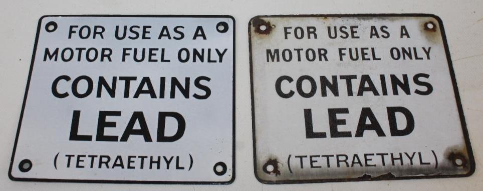 Group of 2 'Contains Lead' Porcelain Gas Pump Signs (1 of 2)