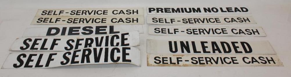 Group of 10 Self Service Premium & Diesel Double Sided Aluminum Gas Station Signs: Largest is 29" x 4"