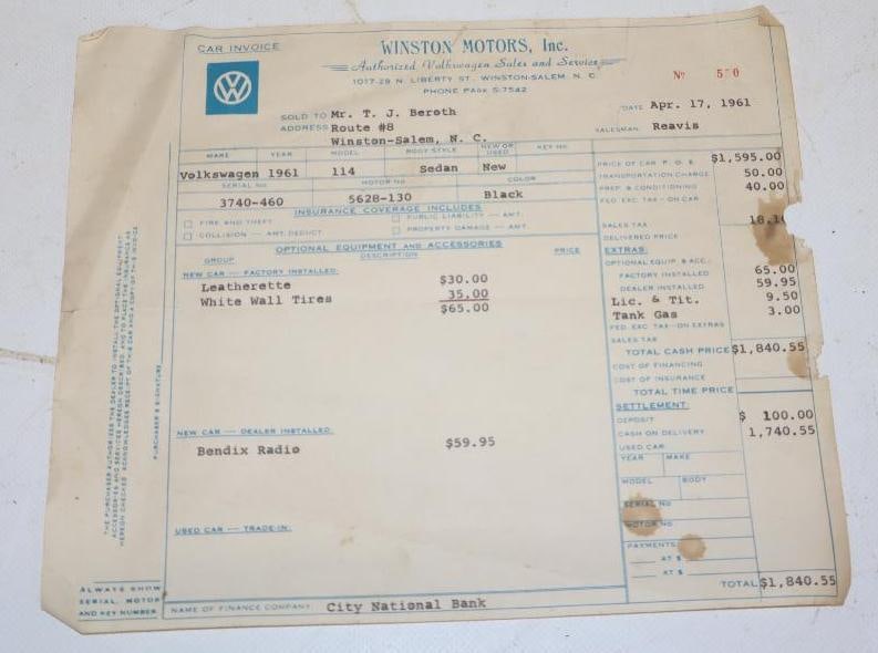 1961 Volkswagen Bug Model 114 Sales Invoice: 8" x 9"