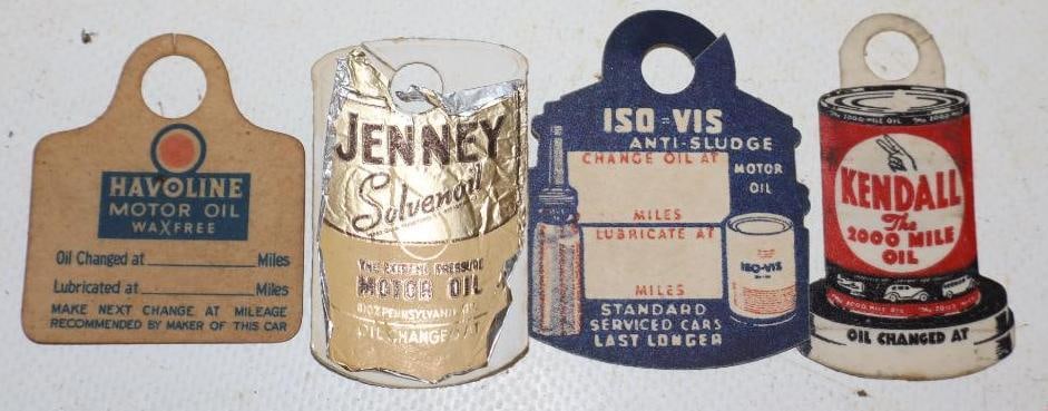 Group Of 4 Kendall, Havoline, Jenney And Iso-Vis Oil Change Reminder Tags: Largest Is 1.5" x 2"