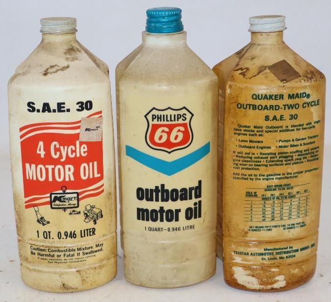 Group of 3 Phillips 66 Quaker Made & K-Mart Outboard Plastic Quart Oil Bottles: 32 oz each, empty