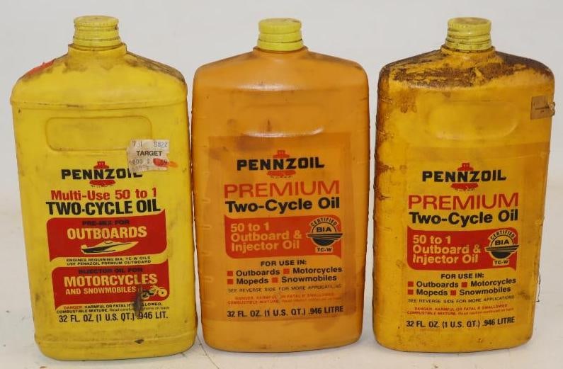 Group of 3 Pennzoil Outboard Plastic Quart Oil Bottles: 32 oz each, empty
