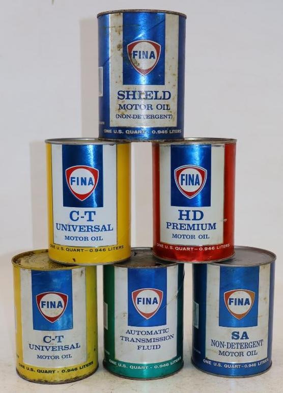 Group of 6 Fina Composite One Quart Oil Cans: Empty. 4" x 4" x 5.5" each