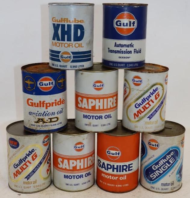 Group of 9 Gulf Composite One Quart Oil Cans: Empty. 4" x 4" x 5.5" each