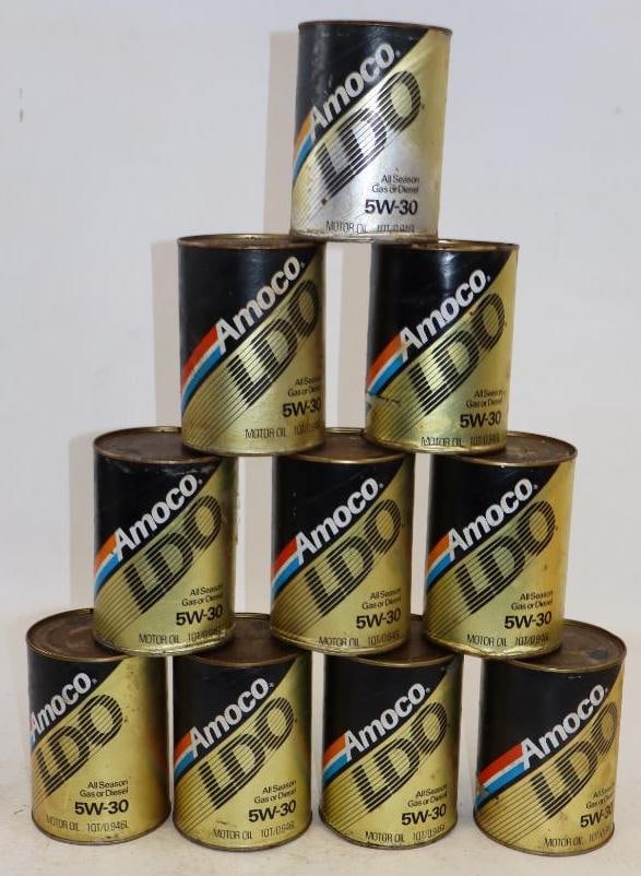 Group of 10 Amoco LDO Composite One Quart Oil Cans: Empty. 4" x 4" x 5.5" each