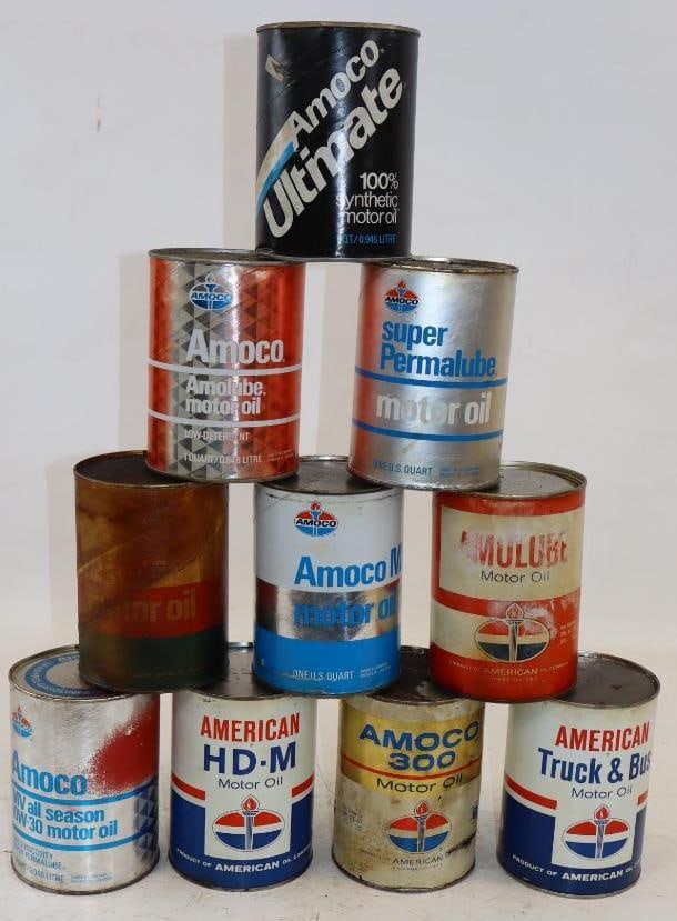 Group of 10 Amoco Composite One Quart Oil Cans: Empty. 4" x 4" x 5.5" each