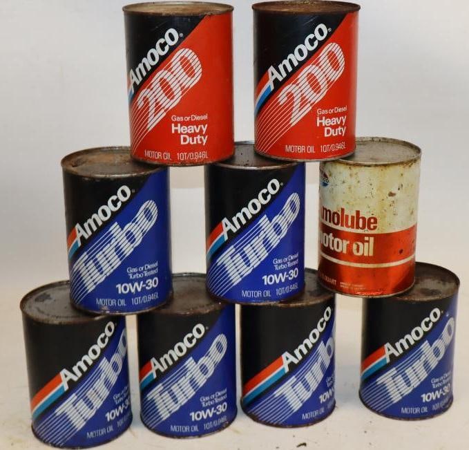 Group of 9 Amoco 1 Quart Composite Oil Cans: 32 oz each empty