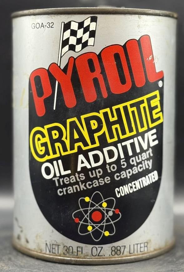 Pyroil Graphite Oil Additive One Quart Oil Can: Metal, full, great condition overall
