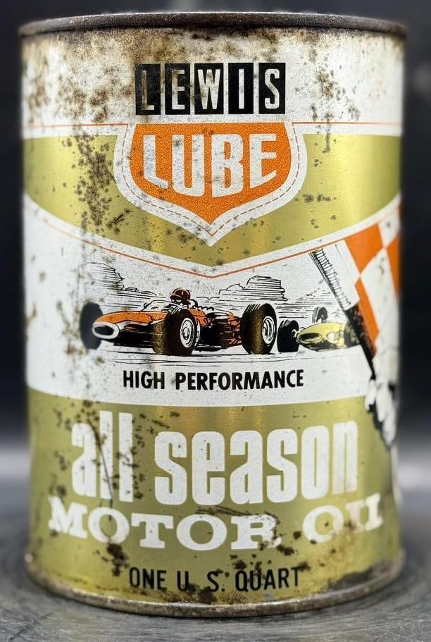 Lewis Lube High Performance One Quart Oil Can: Metal, Empty, has condition throughout