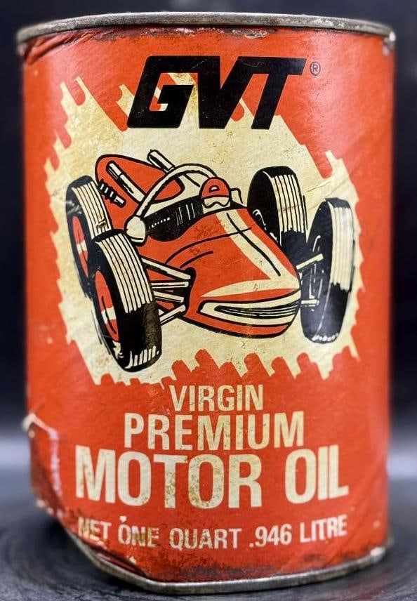 GVT Premium Motor Oil One Quart Oil Can: Composite, full, has Condition throughout