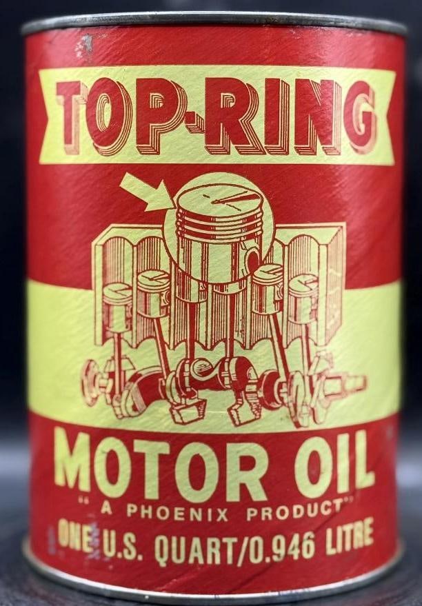 Top Ring Motor Oil One Quart Oil Can: Composite , full, great overall condition