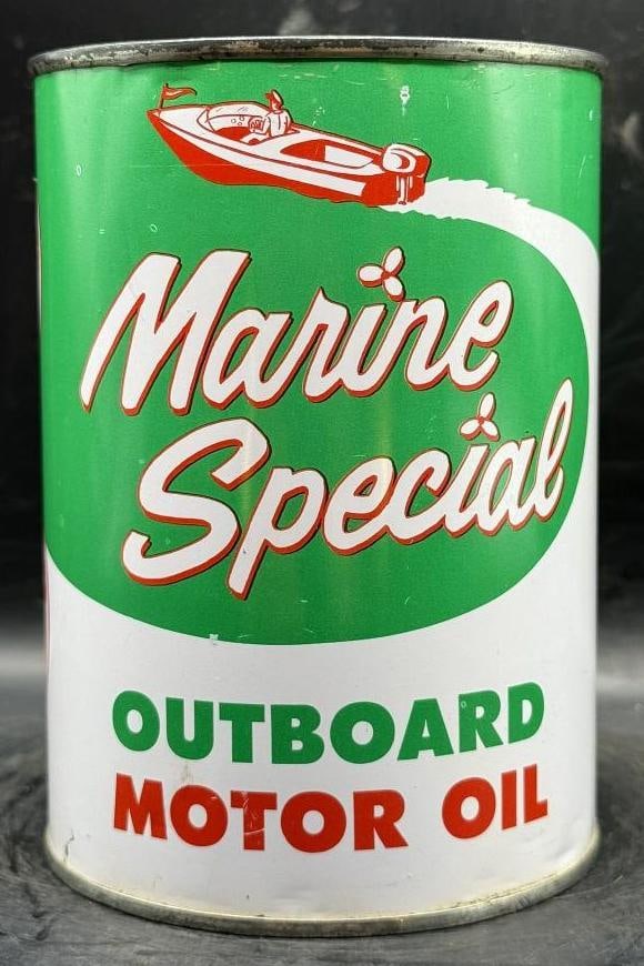 Marine Special Outboard One Quart Oil Can: Metal, full, great condition overall
