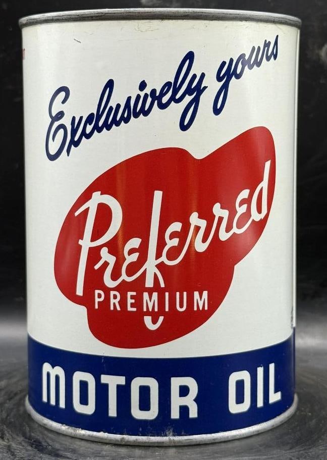 Preferred Premium Motor Oil One Quart Oil Can: Metal, full, great condition overall