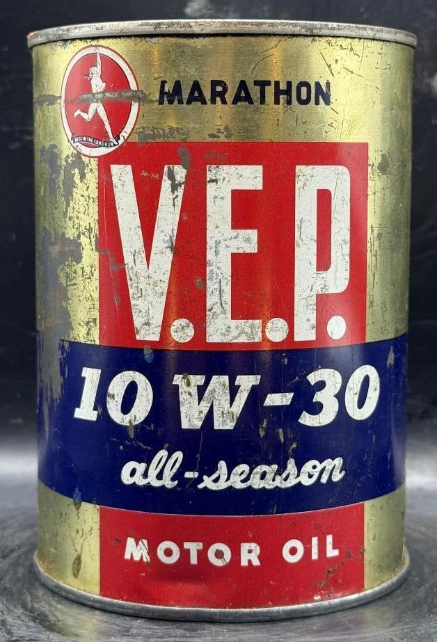 Marathon VEP Motor Oil One Quart Oil Can: Metal, full, has condtion throughout