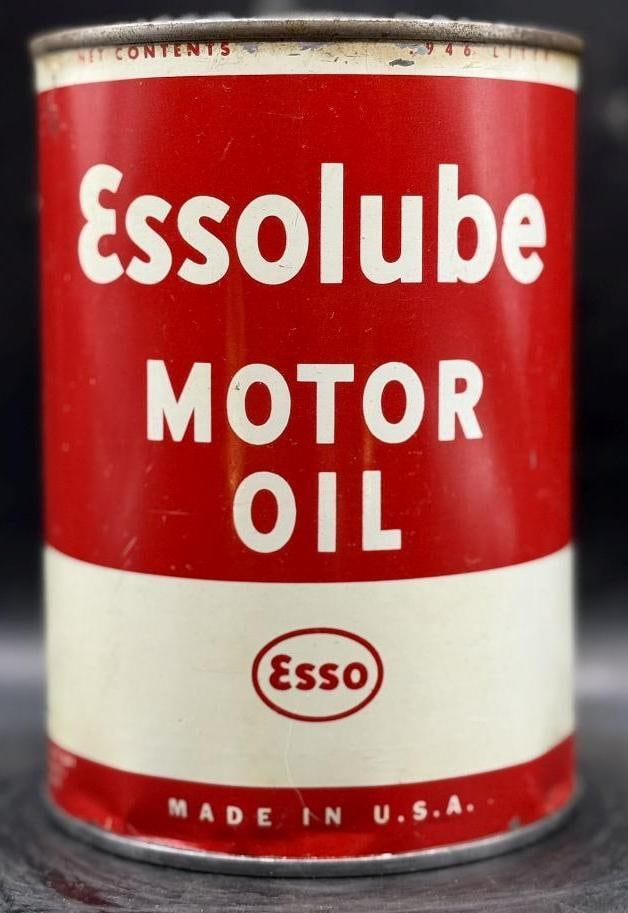Essolube Red/White Motor Oil One Quart Oil Can: Metal, empty, overall great condition