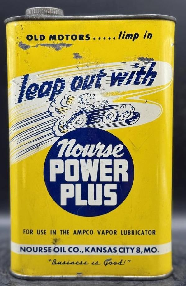 Nourse Power Plus One Quart Oil Can: Metal, full, overall great condition