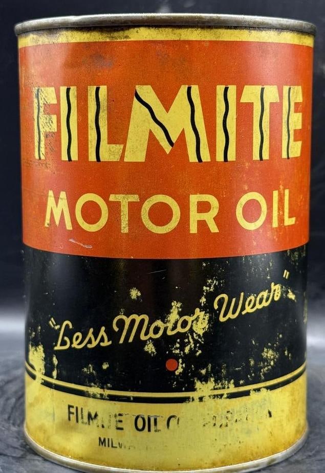 Filmite Motor Oil One Quart Oil Can: Metal, full, has condtion throughout